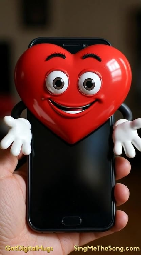 Get Digital Hugs mascot holding a smartphone — share your story